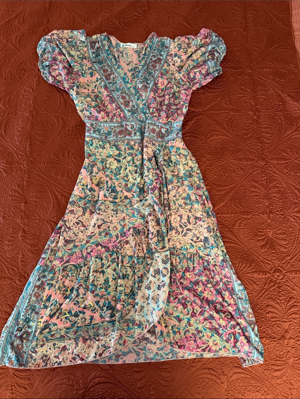 Peach Multi Floral Wrap Midi Dress with Puff Sleeves